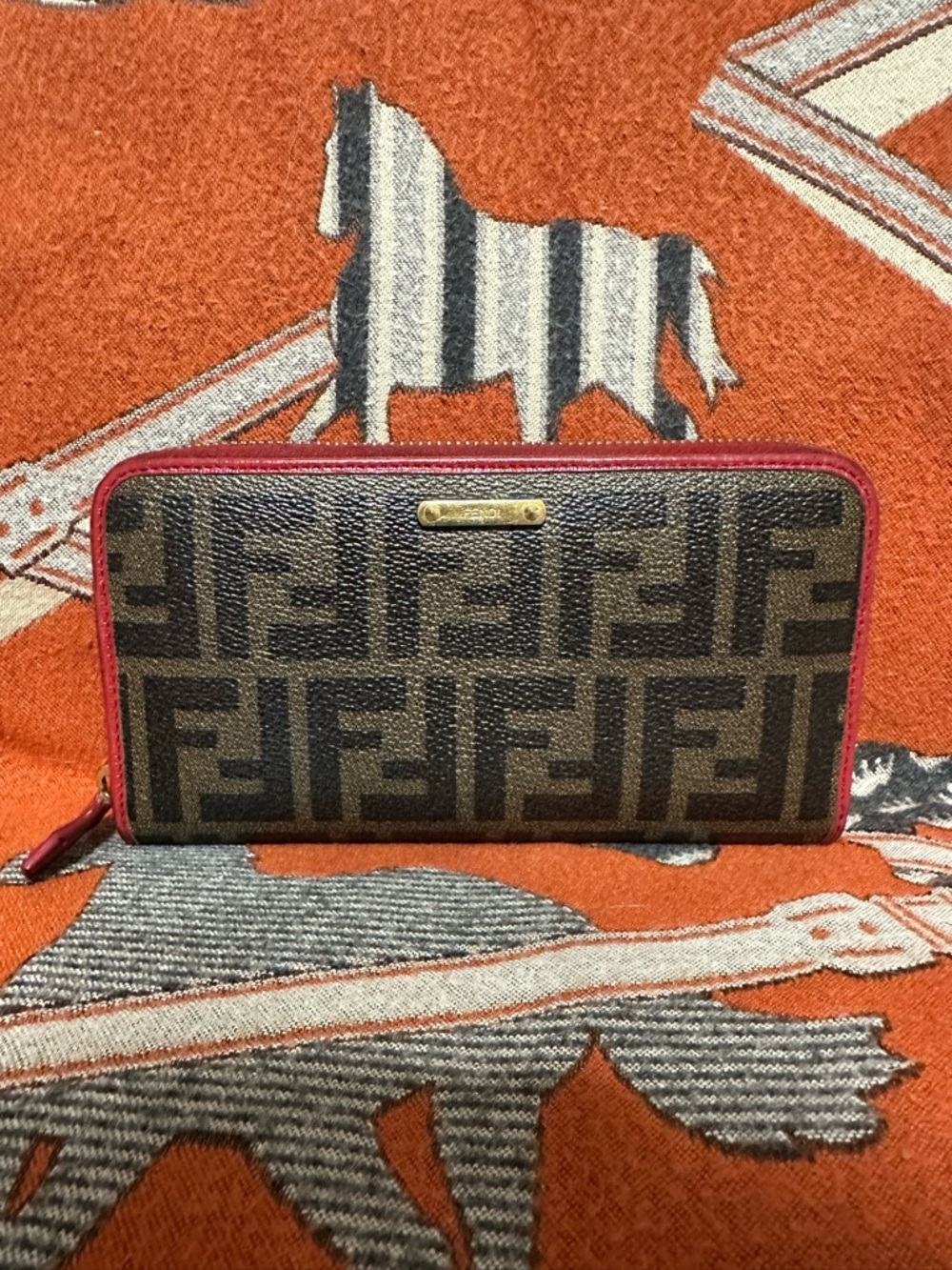 FENDI❤️🌟ZUCCA ZIPPY WALLET W/ RED TRIM⭐️